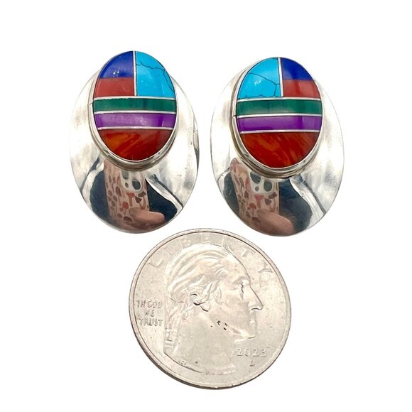 Vintage Zuni Sterling Silver Oval Earrings Turquoise Coral Malachite Lapis Inlay - Picture 5 of 8